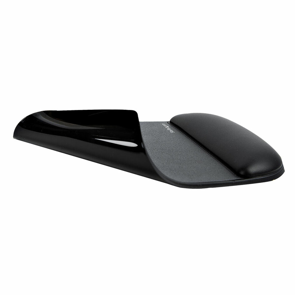 Schwarze ergonomische Handgelenkauflage mit Gelpolster und grauer Stoffoberfläche.
