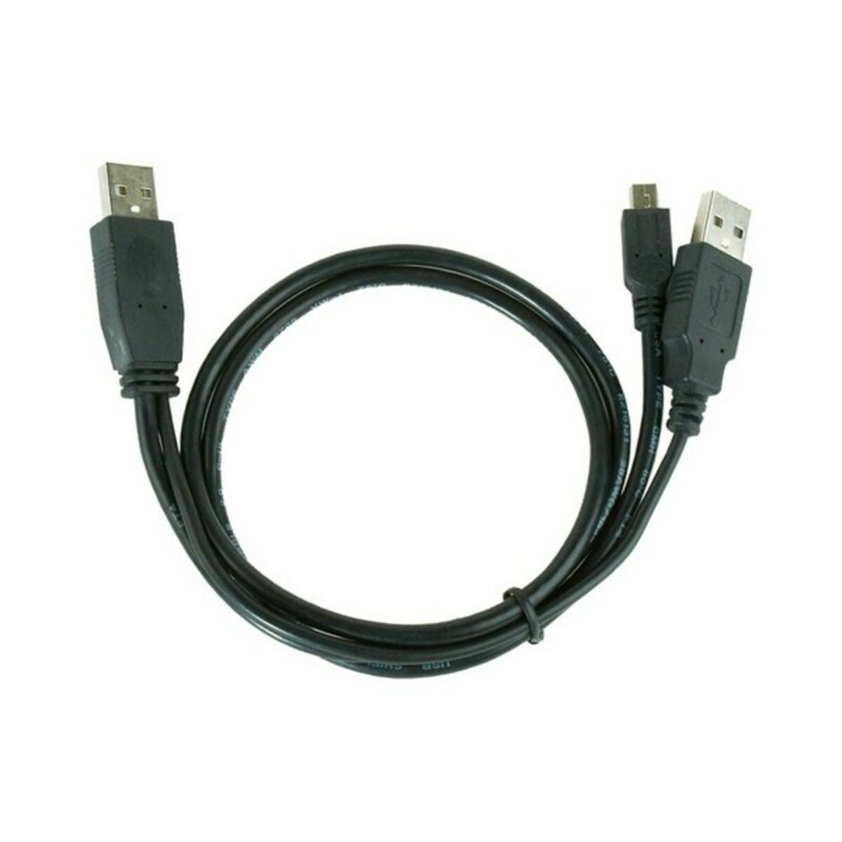 Czarny kabel USB z wtykami USB-A, micro-USB i USB-A na białym tle.