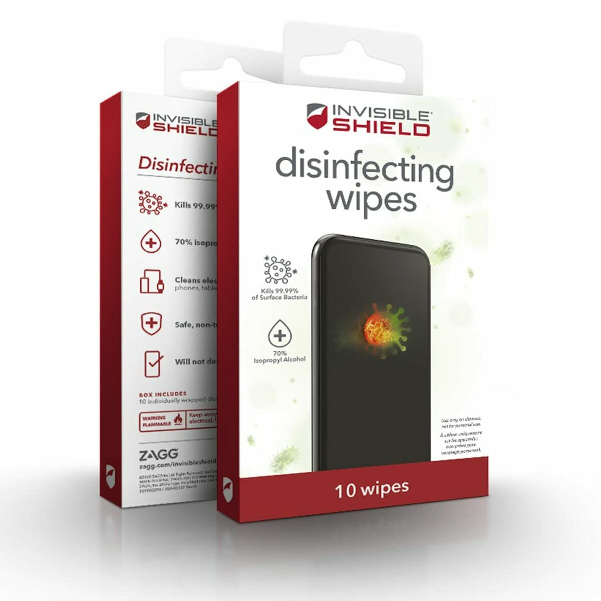 Dos cajas de toallitas desinfectantes, con texto e imágenes de un teléfono y bacterias.