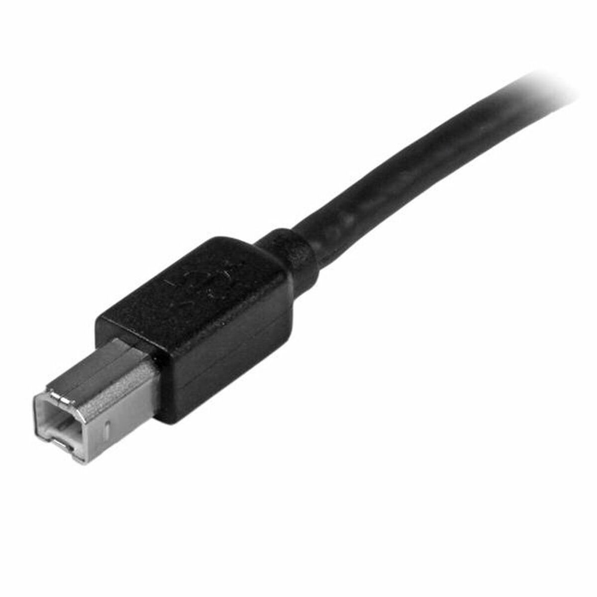 Zwarte USB-kabel met zwarte connector op witte achtergrond.