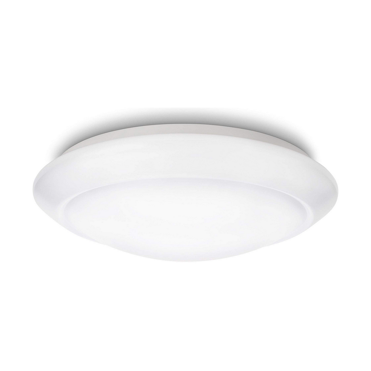 Una lámpara de techo redonda blanca con una fuente de luz central brillante.