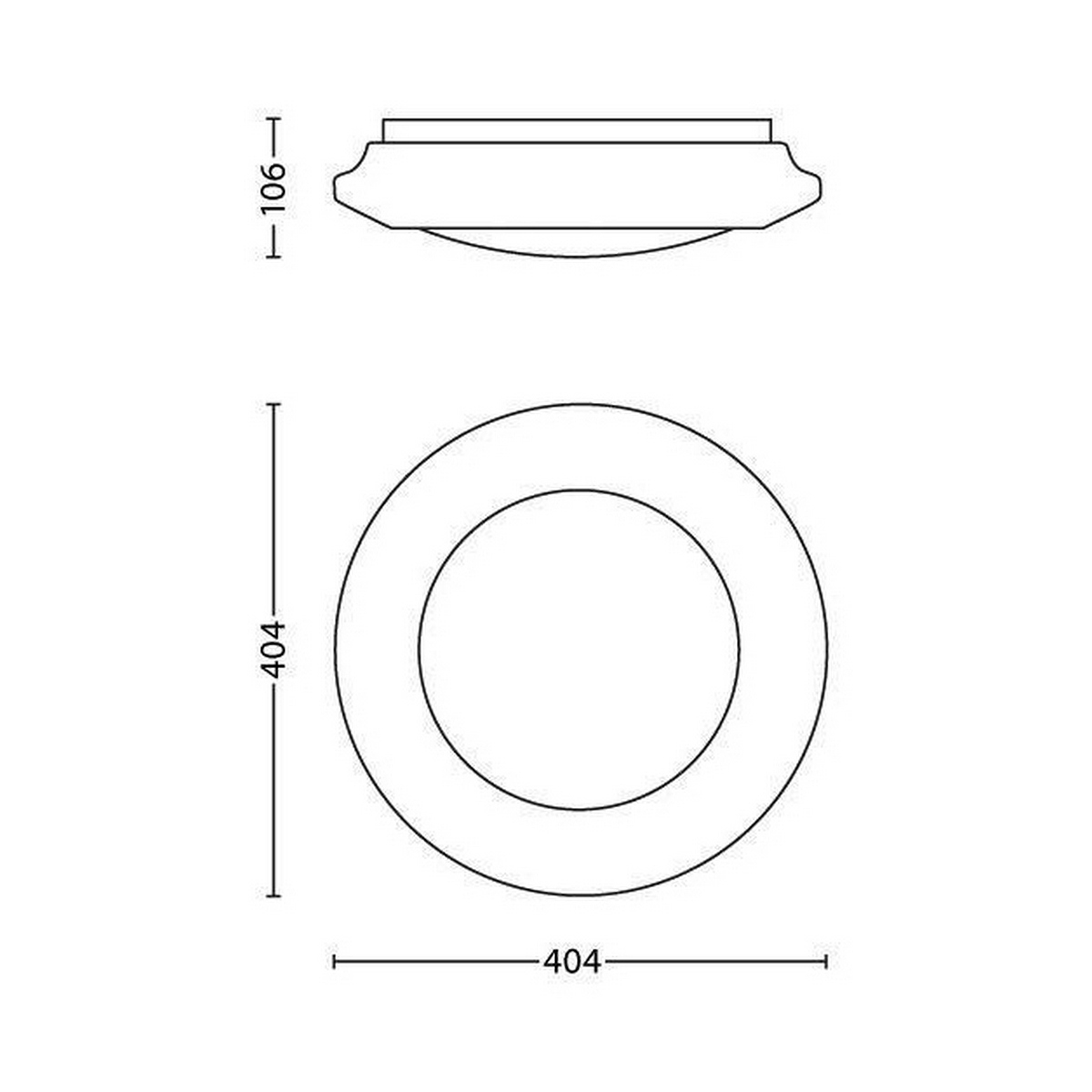 Dibujo técnico: luminaria circular con dimensiones. Vistas superior y lateral.