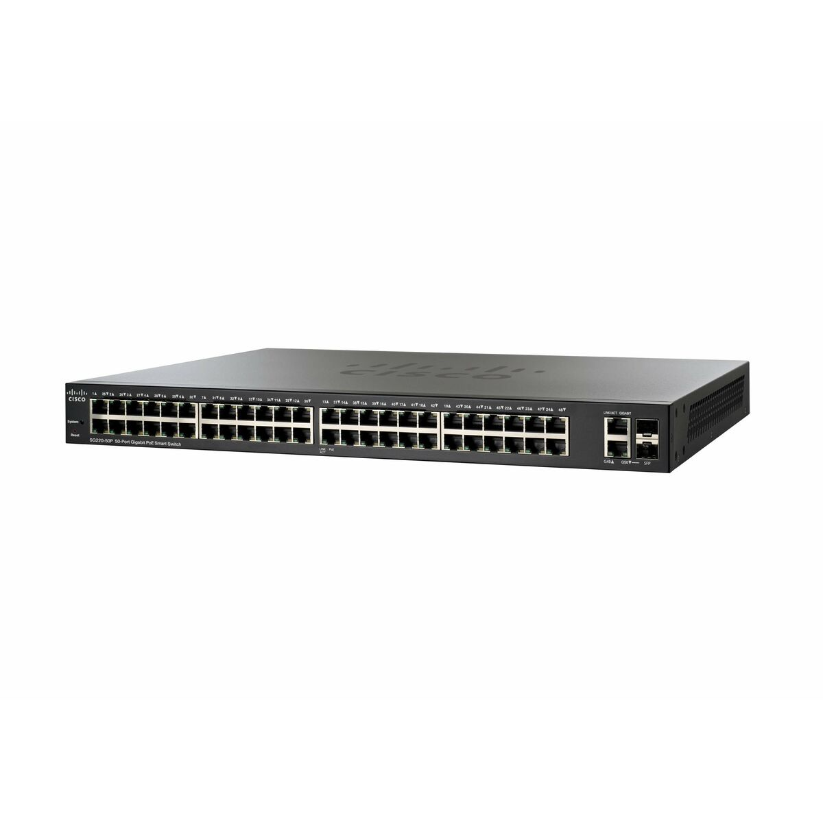 Ein schwarzer Cisco-Switch mit vielen Anschlüssen und Cisco-Logo.