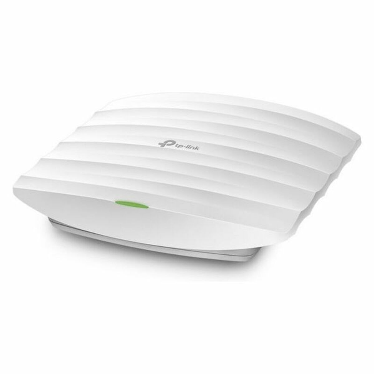 Witte TP-Link access point op een wit oppervlak, bovenaanzicht.