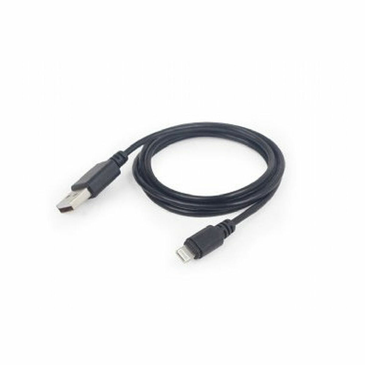 Cavo USB nero con connettore USB a Lightning. Lo sfondo è bianco.