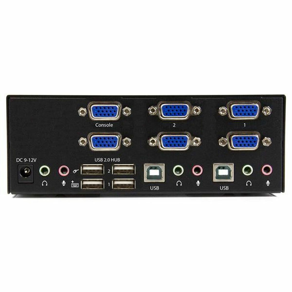 Uno switch KVM nero con porte VGA, USB e audio.