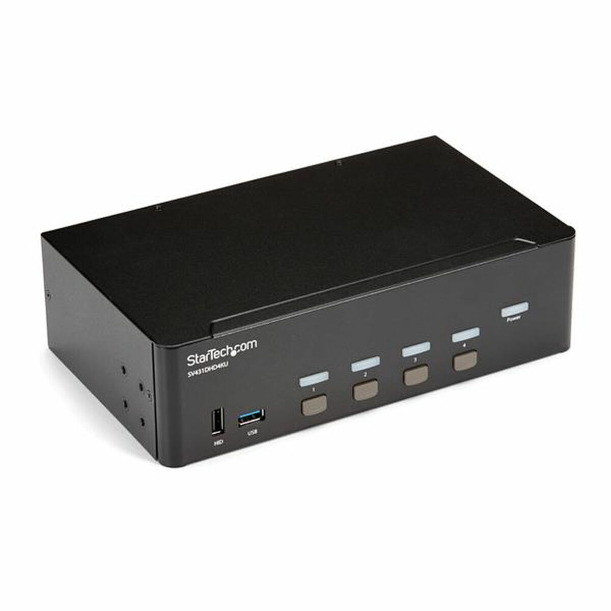 Schwarzer KVM-Switch mit vier Tasten und USB-Anschlüssen auf der Vorderseite.