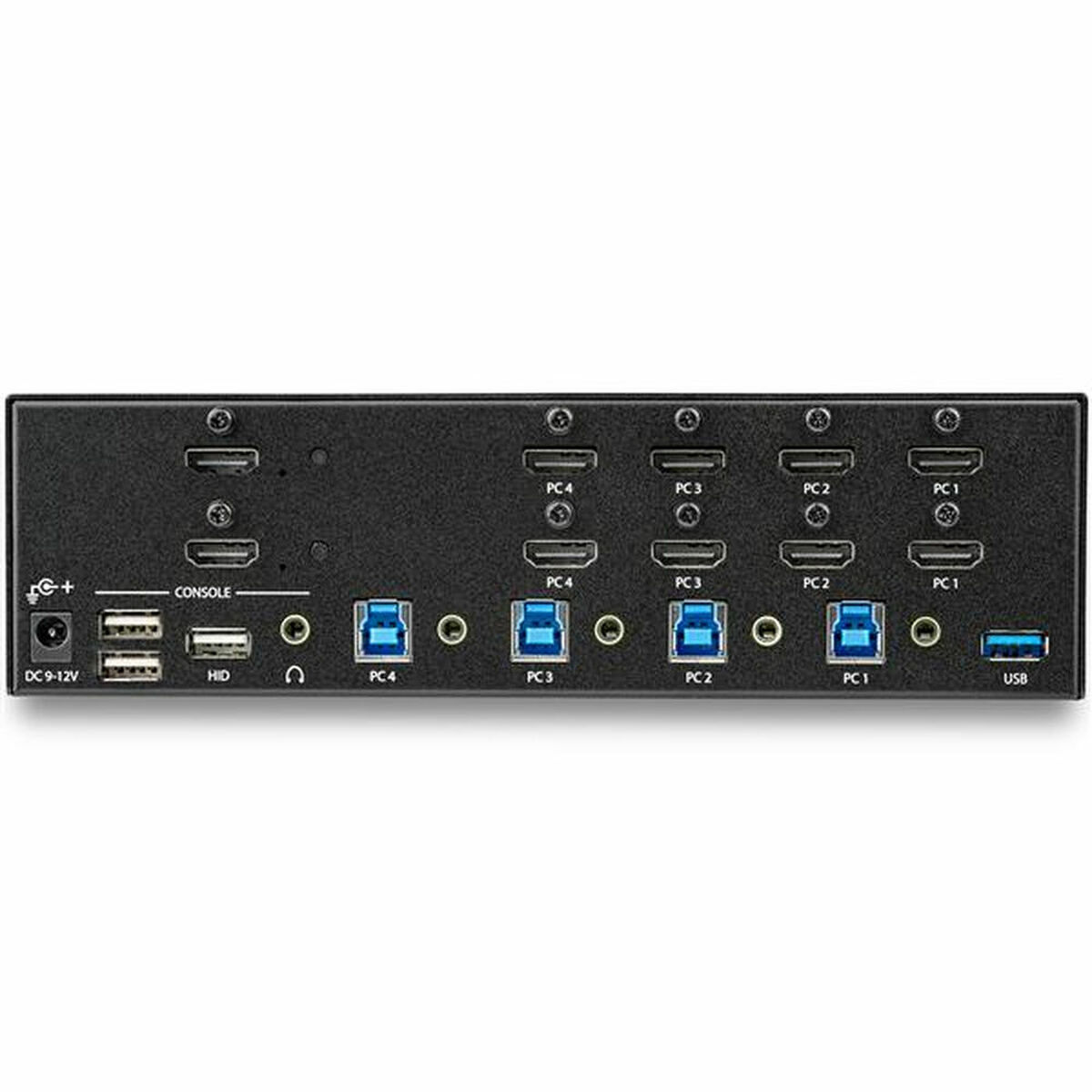 Rückseite eines schwarzen 4-Port-KVM-Schalters mit HDMI-, USB- und Stromanschlüssen.