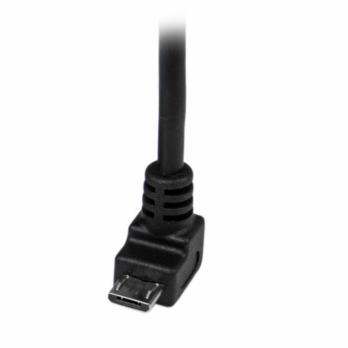 Een zwarte USB-kabel met een micro-USB-connector, onder een hoek.
