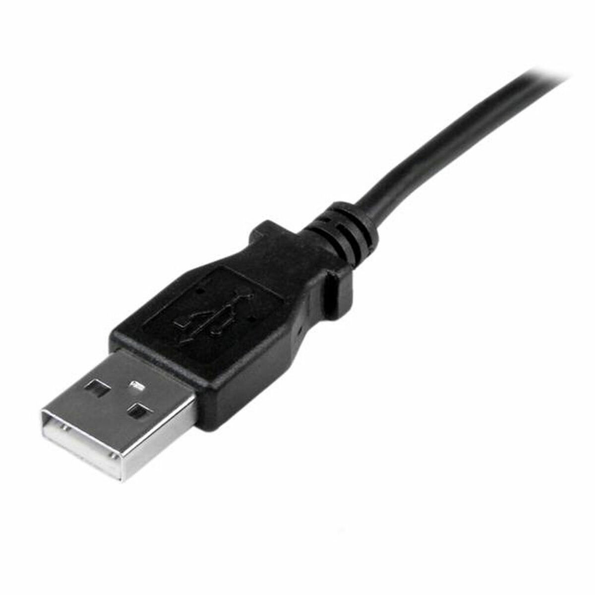 Cavo USB nero con un connettore USB. Sfondo bianco.