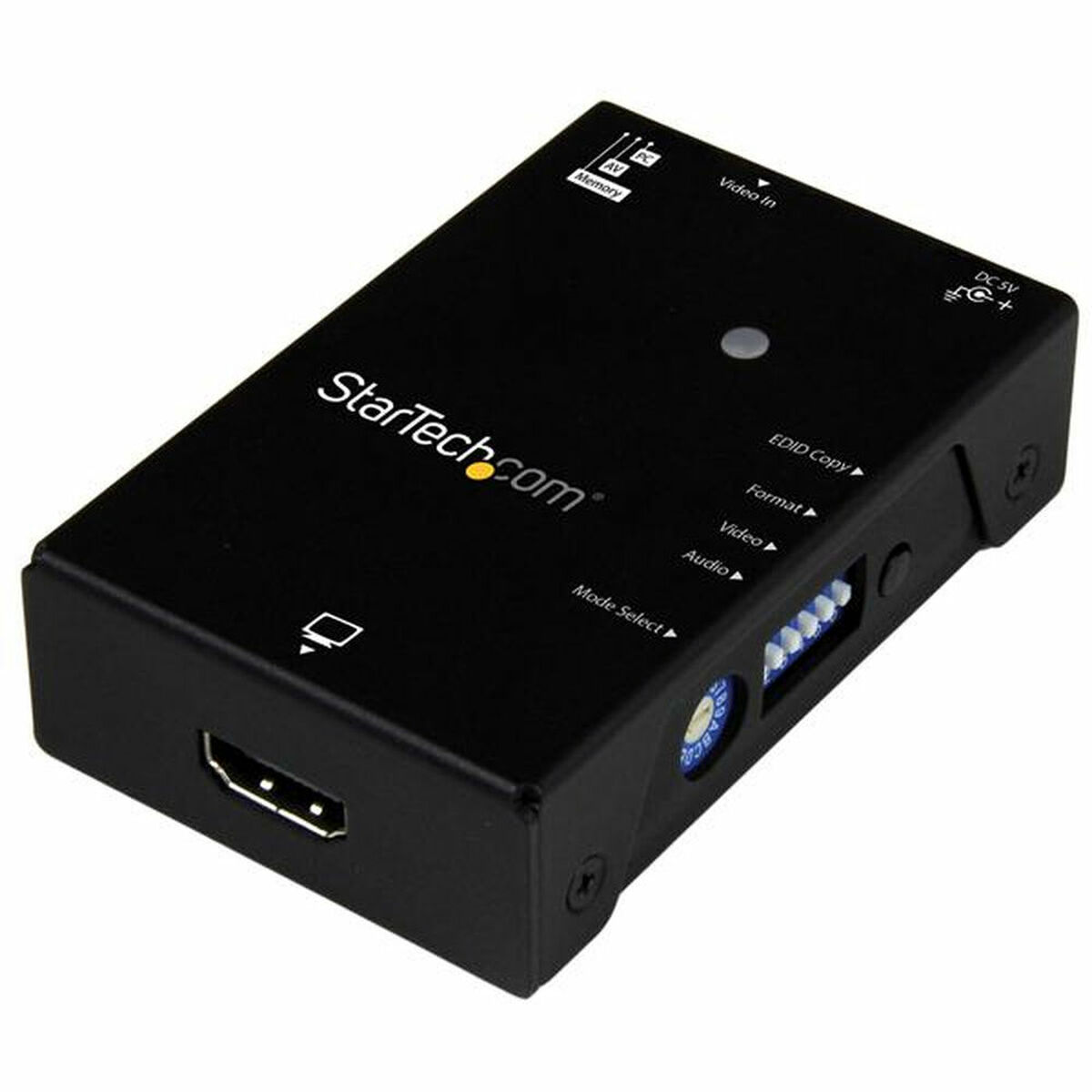 Schwarzes StarTech-Gerät. Beschriftete Anschlüsse, Tasten und LED-Anzeigen.