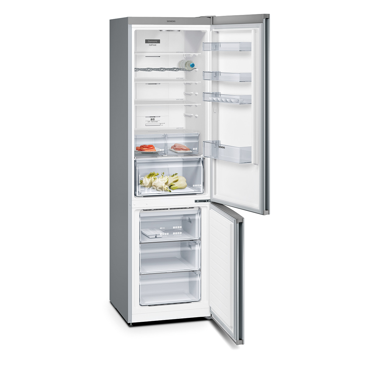Un refrigerador Siemens gris con las puertas abiertas, mostrando estantes y alimentos.