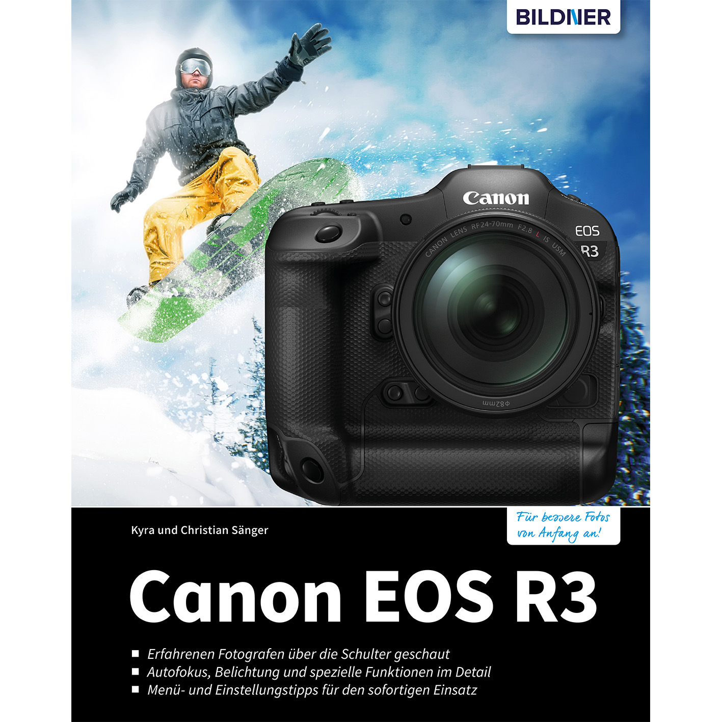 Ein Snowboarder in der Luft, mit Canon Kamera auf einem Buchcover mit Text.