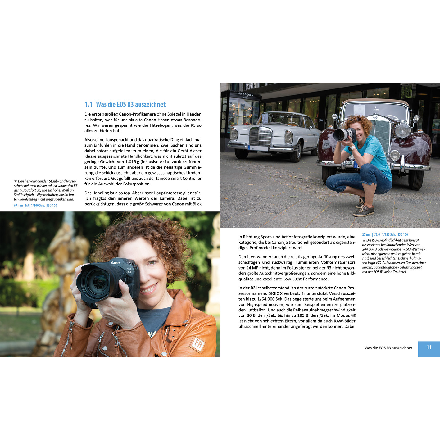 Eine Frau hält eine Canon-Kamera und lächelt. Autos und Text befinden sich im Hintergrund. Die Seite stammt aus einer Zeitschrift.