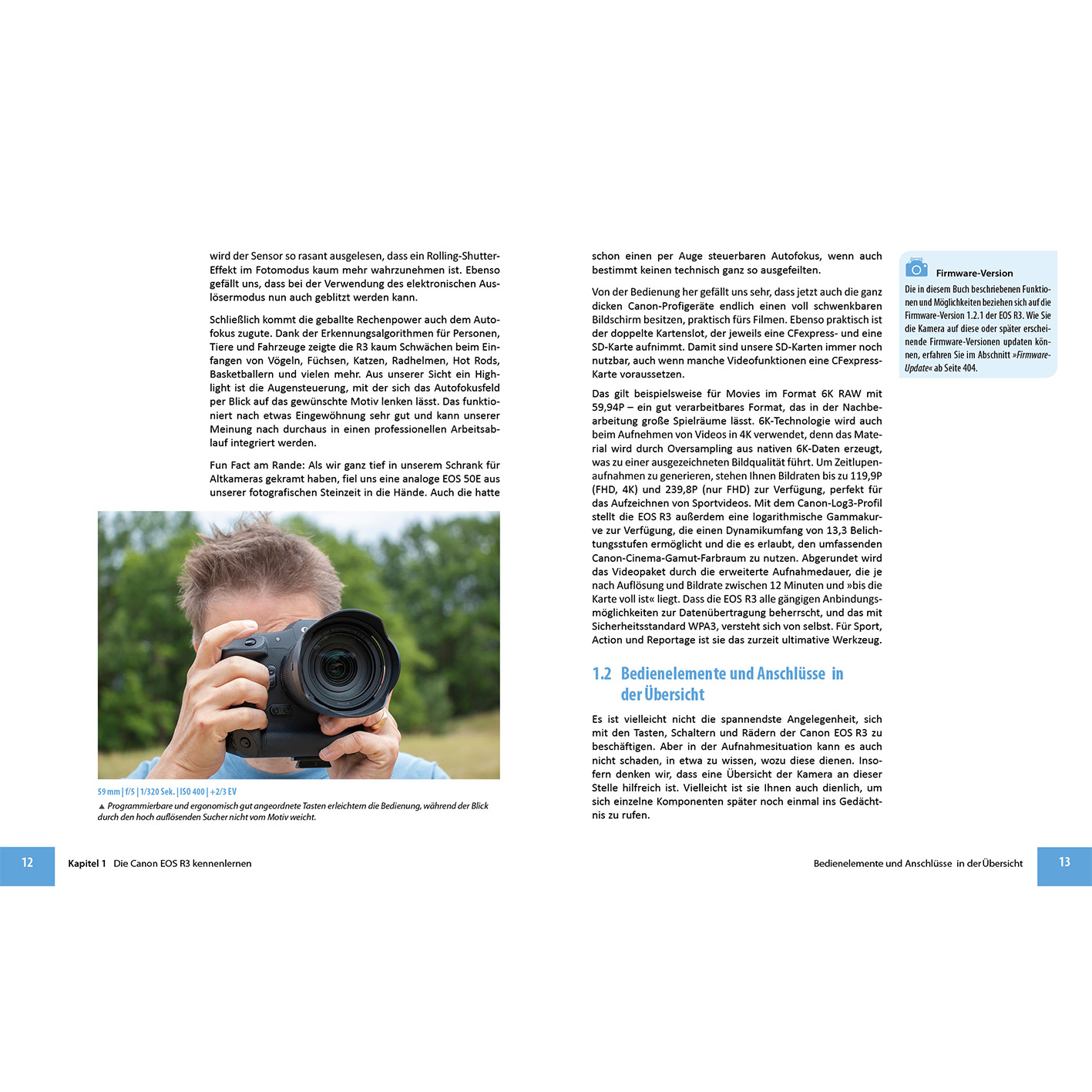 Text aus einer Zeitschrift über die Canon EOS R3 Kamera, mit Bildern der Kamera.