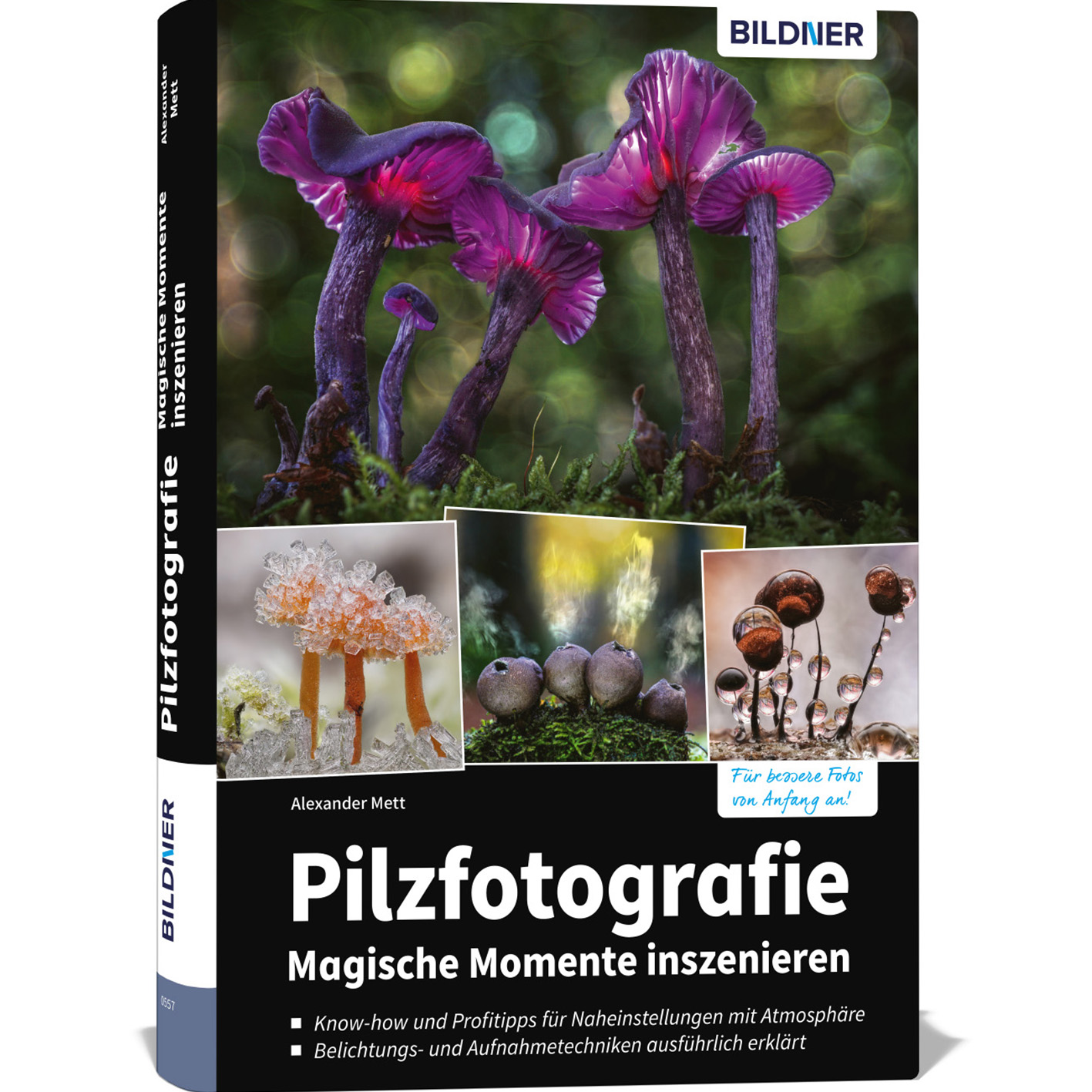 Buchcover mit Pilzfotos. Titel: Pilzfotografie, mit weiterem Text.
