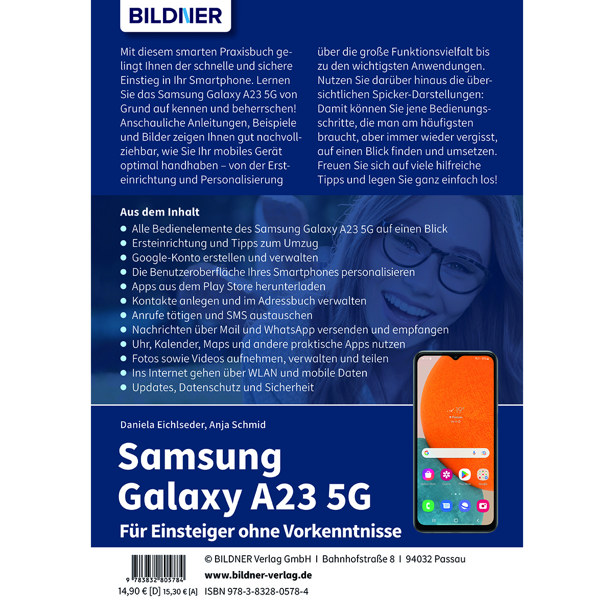 Buchcover: Samsung Galaxy A23 5G Anleitung. Text und Handybild.
