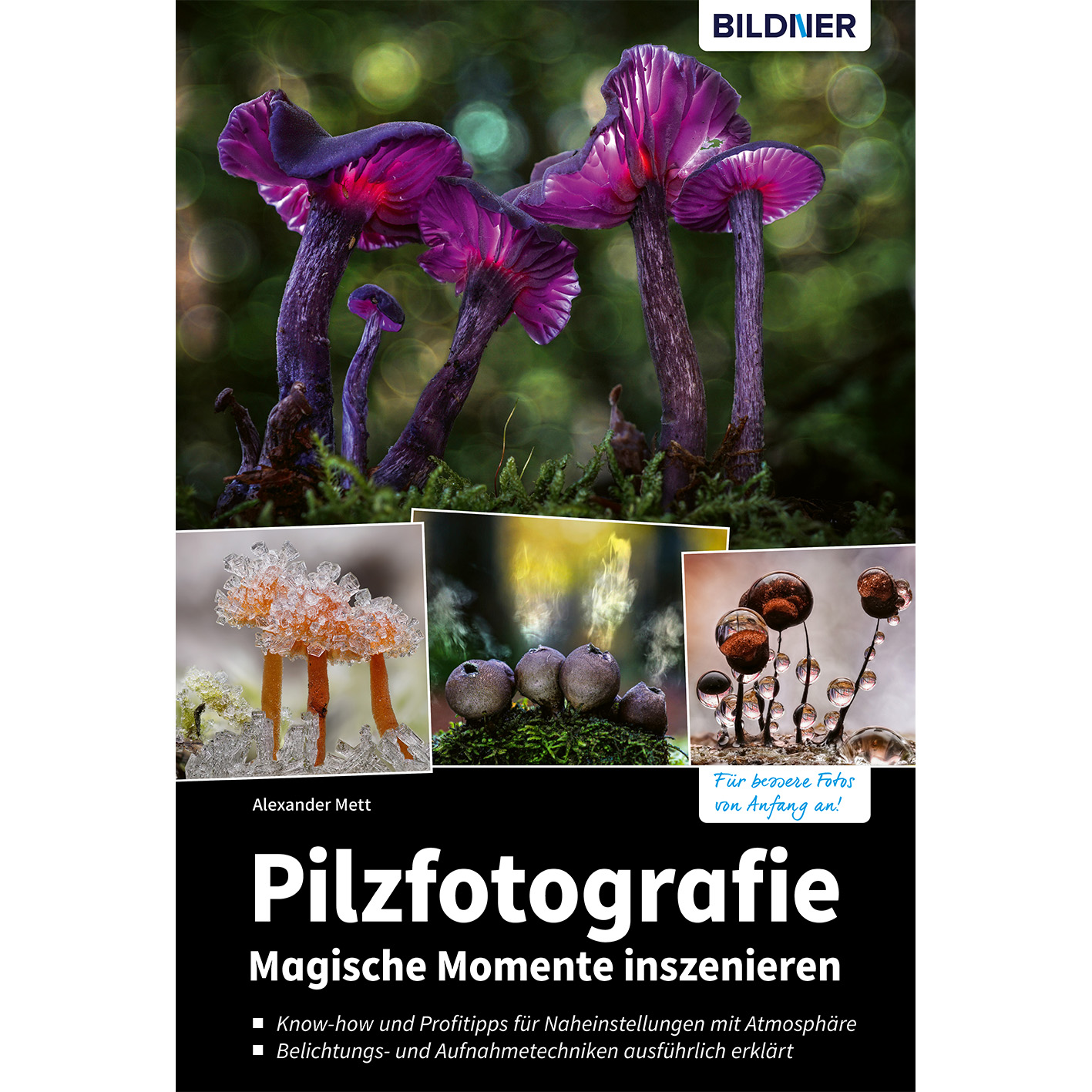 Buchcover mit Pilzfotos und Text. Titel: Pilzfotografie, auf Deutsch. Autor: Alexander Mett.