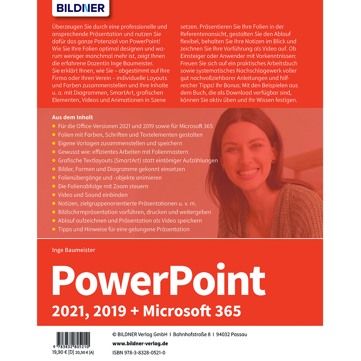 Buchcover mit Titel 'PowerPoint', Foto einer Frau und Text über den Inhalt des Buches.