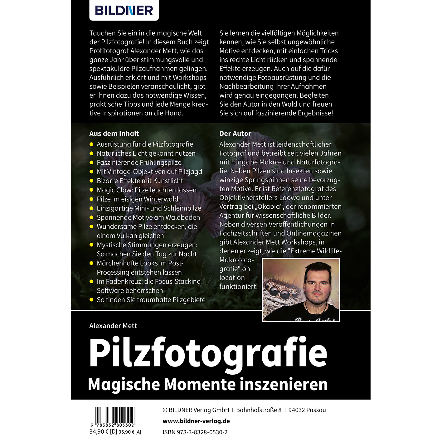 Buchcover mit Text 'Pilzfotografie'. Foto des Autors und Text auf Deutsch. Weißer Hintergrund.
