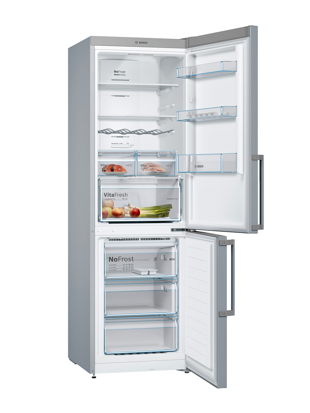Refrigerador plateado con puertas abiertas, mostrando estantes, cajones y contenidos como frutas y verduras.