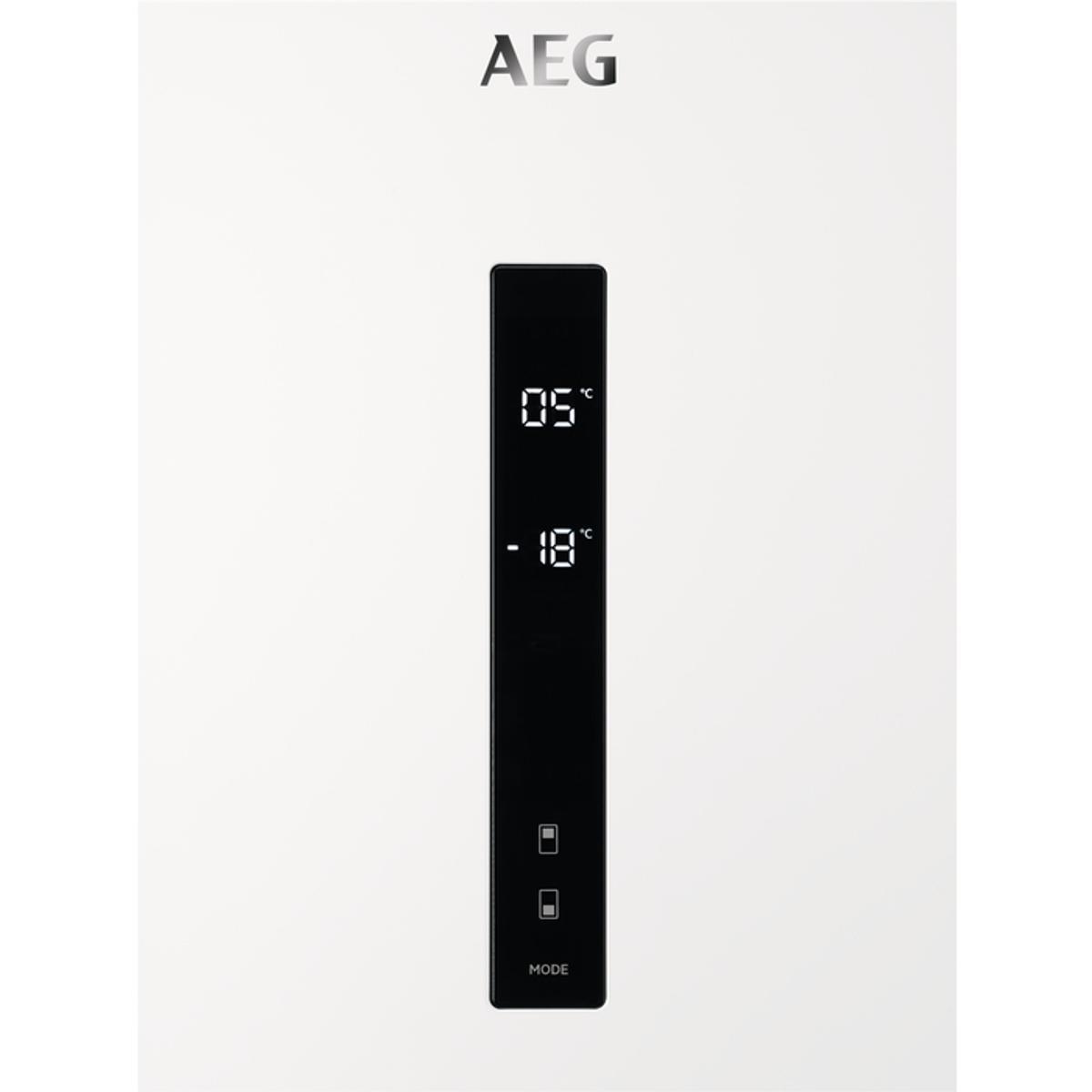 Frente de refrigerador blanco con logo AEG y pantalla digital que muestra 05°C y -18°C.
