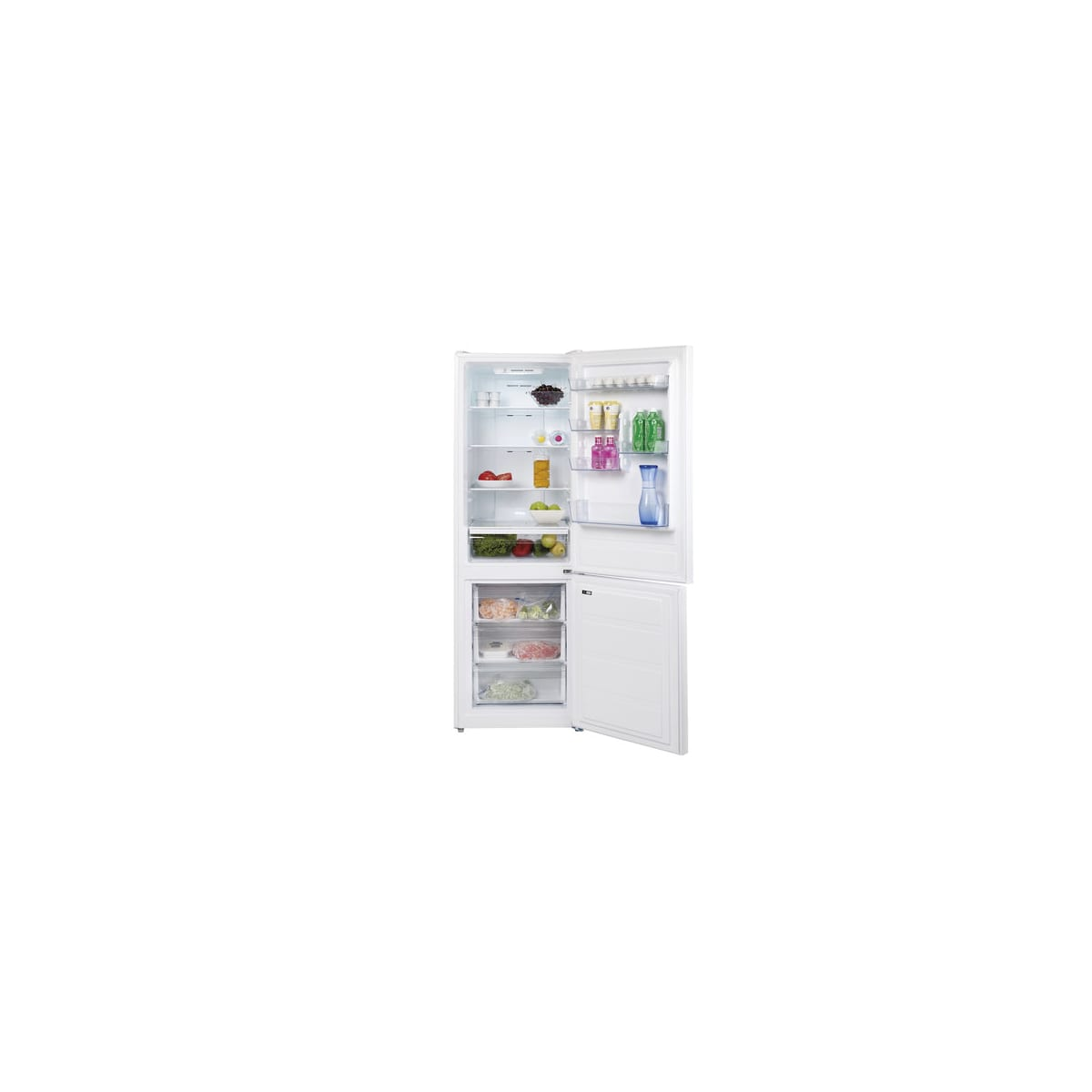 Refrigerador blanco con puertas abiertas, mostrando estantes con alimentos.