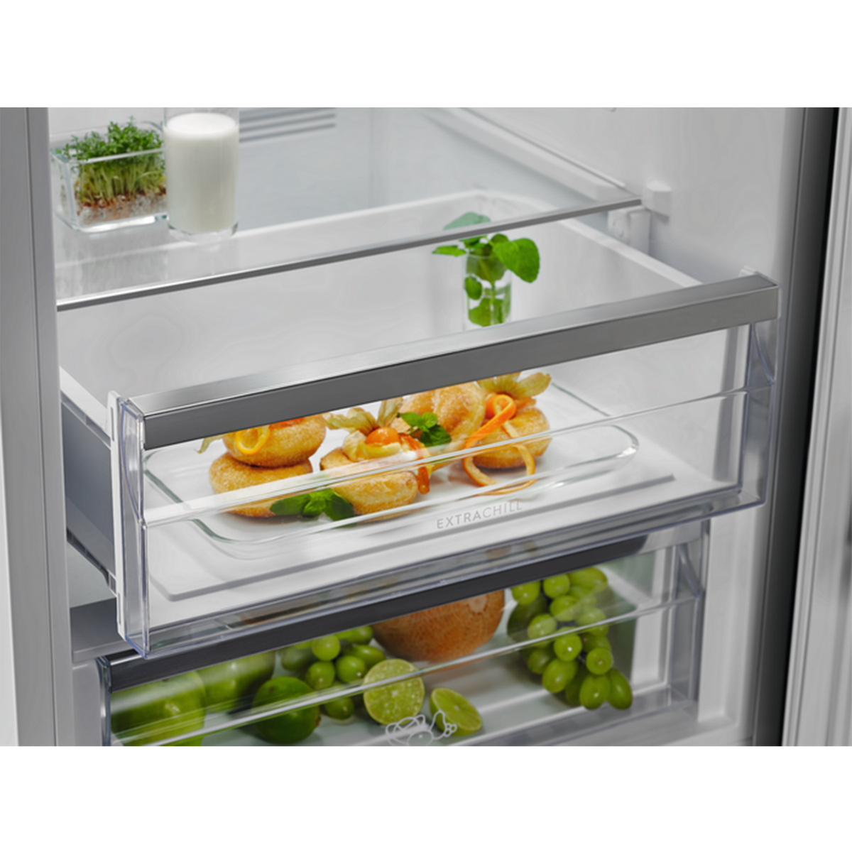 Interior del refrigerador con cajones que contienen alimentos y recipientes. Se ve vegetación.