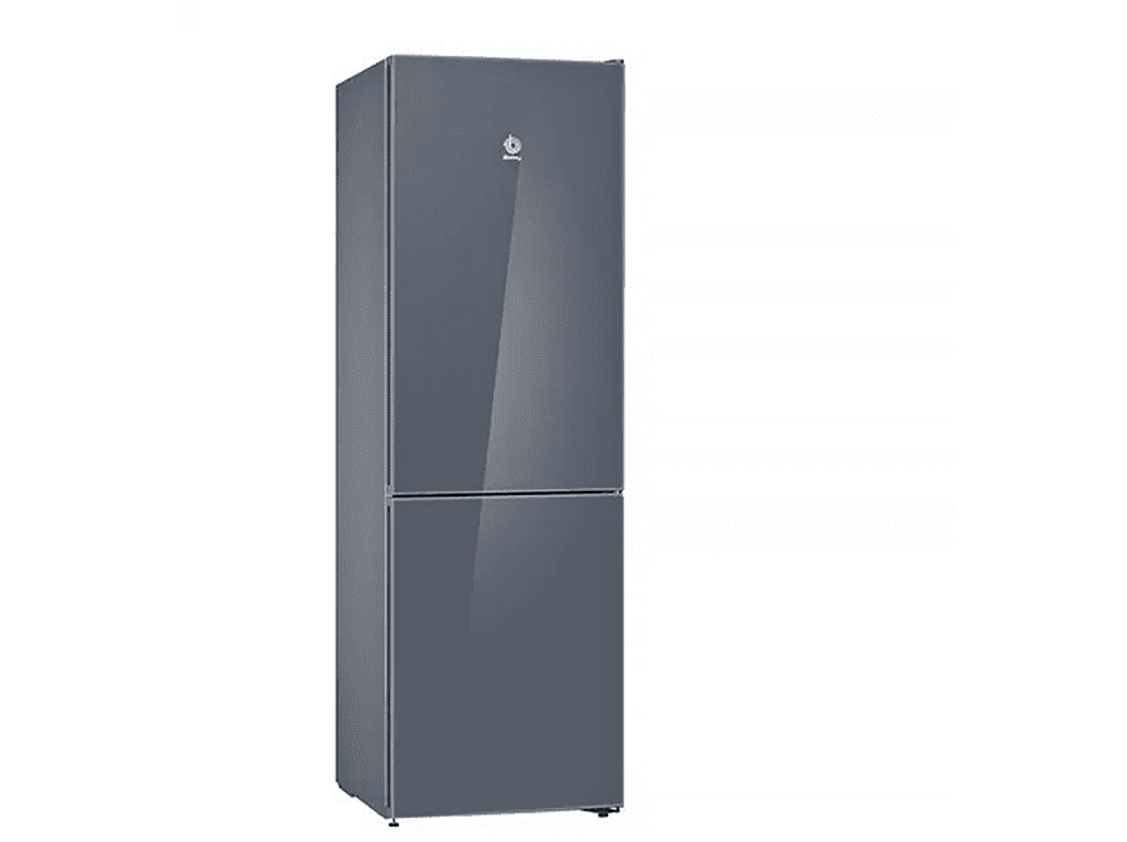 Refrigerador gris oscuro de dos puertas. La superficie es brillante, con un logotipo de marca en la parte superior.