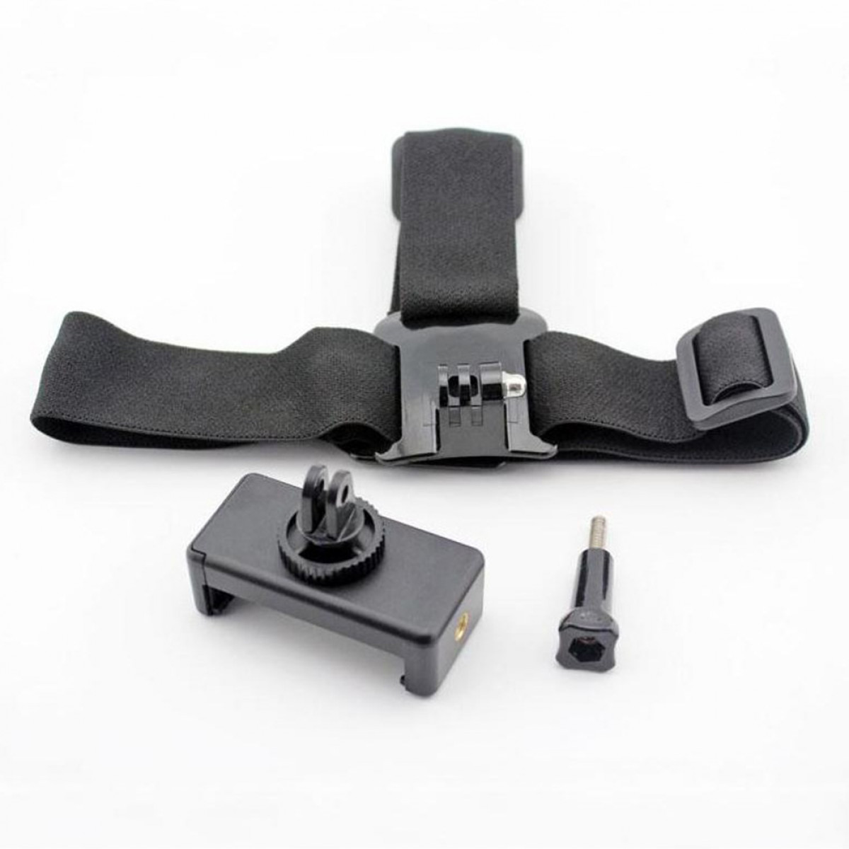 Czarny pasek na głowę i mocowanie do kamery sportowej, ze złączem i śrubą. Białe tło.