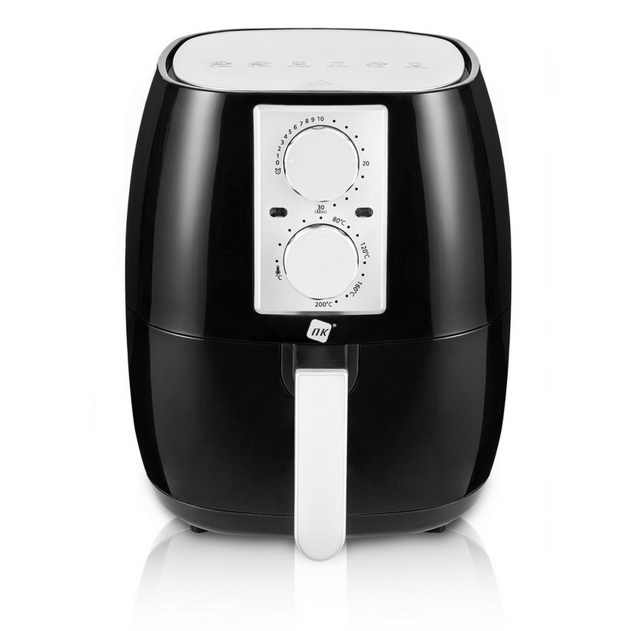 Freidora de aire negra con mango blanco y diales de control. Números digitales y ajustes de temperatura.