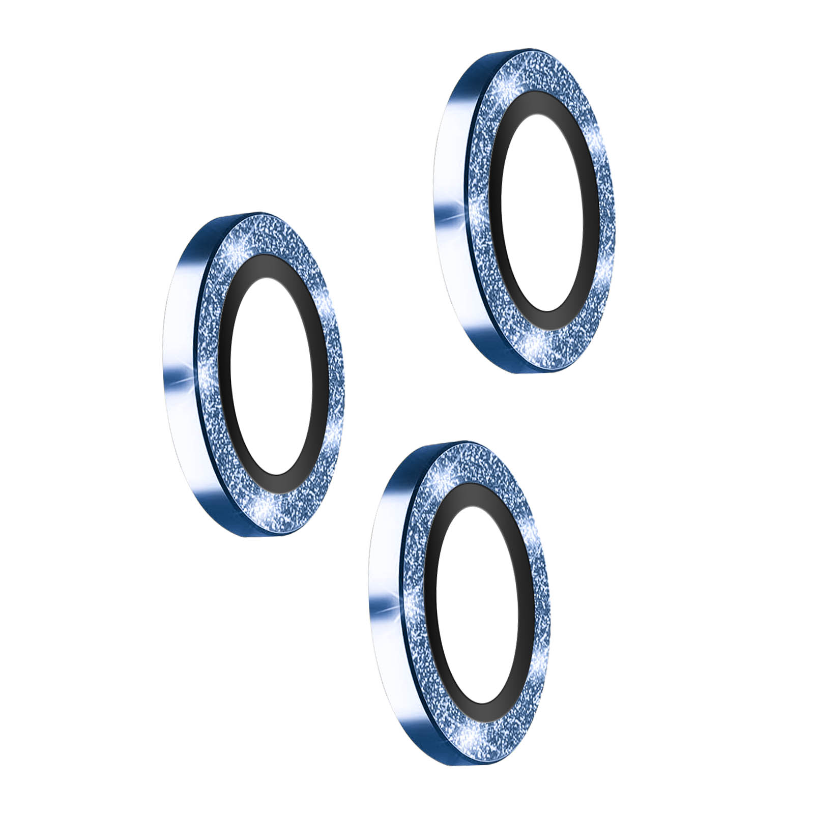 Tre protezioni per lenti della fotocamera del telefono blu scintillanti su sfondo bianco.