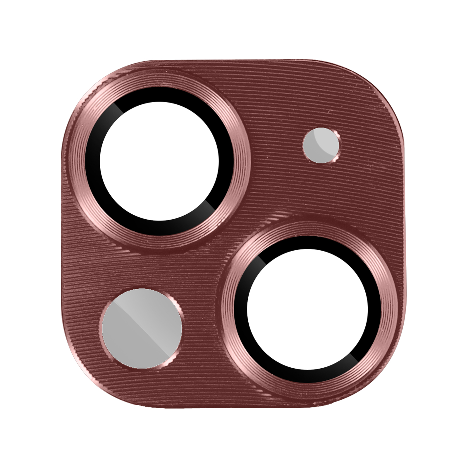 Protezione dell'obiettivo della fotocamera oro rosa con tre aperture dell'obiettivo, su sfondo bianco.