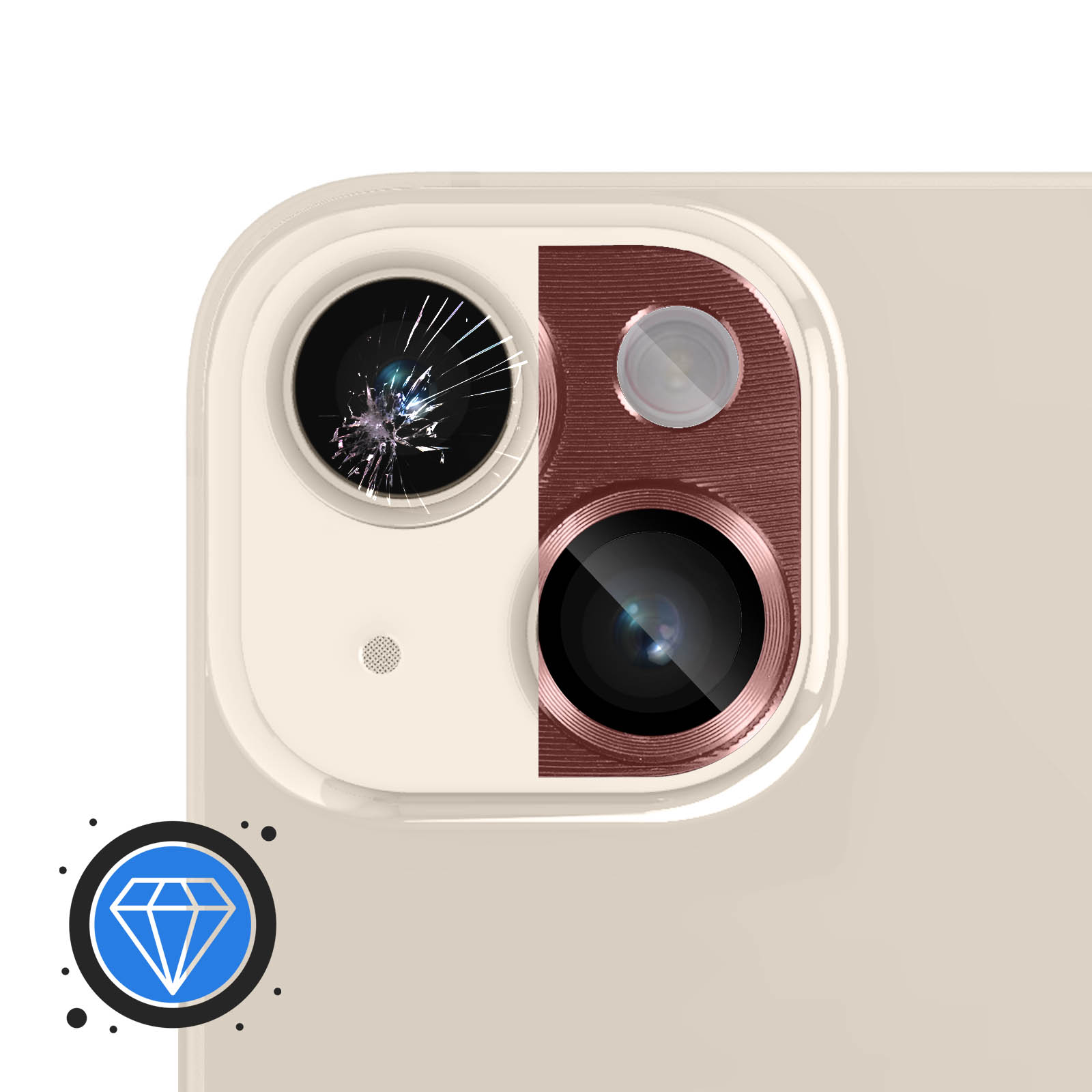 Protezione fotocamera iPhone. Mostra un obiettivo danneggiato accanto a uno nuovo. Icona diamante.