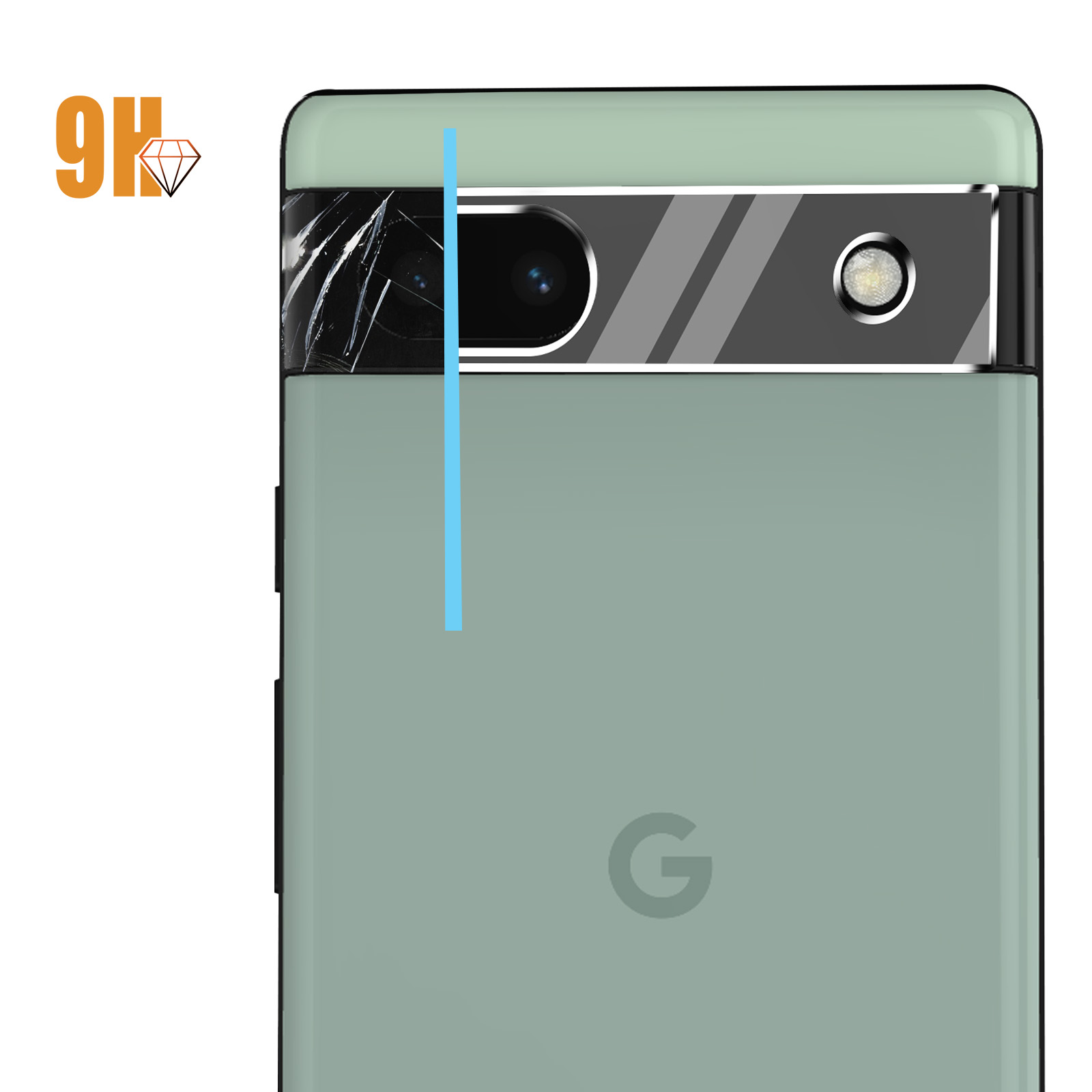 Primo piano di un telefono, protezione dell'obiettivo della fotocamera rotta con una linea blu, telefono verde.