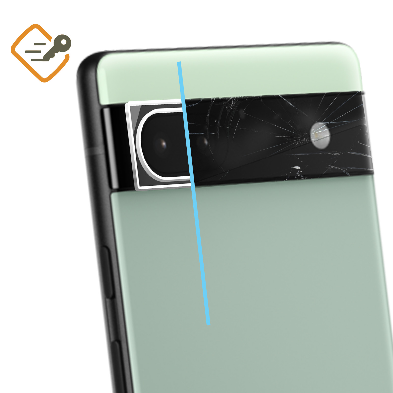 Un telefono verde chiaro con una lente della fotocamera incrinata. Una linea blu attraversa il centro del telefono.