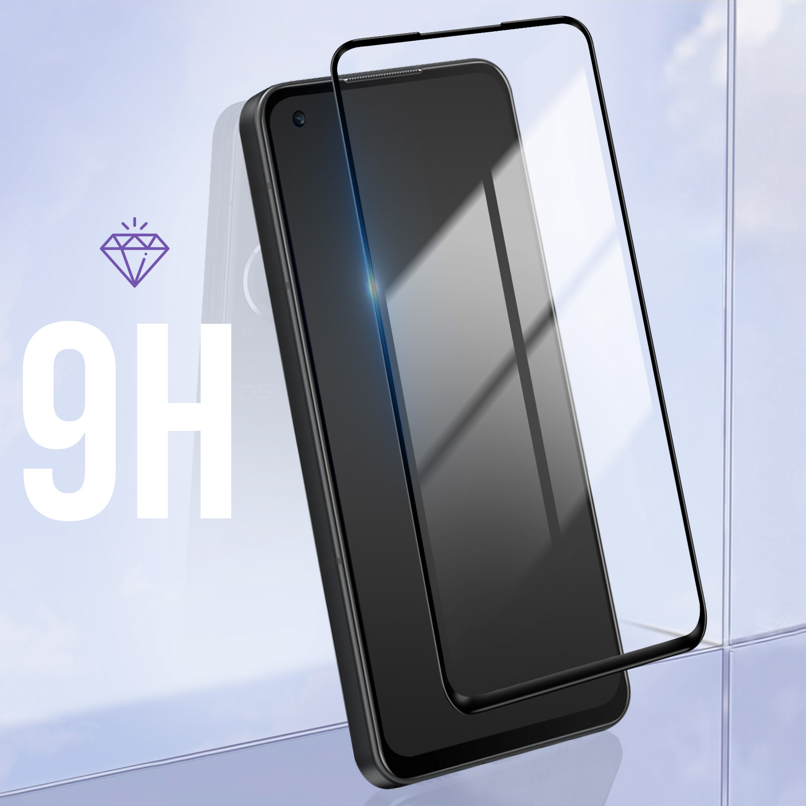 Smartphone avec protection d'écran appliquée, sur fond bleu clair. Marque 9H.