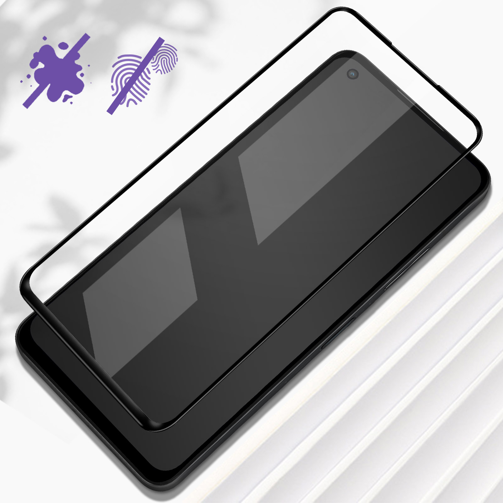 Téléphone avec protecteur d'écran. Icônes résistantes aux empreintes digitales et aux taches affichées.