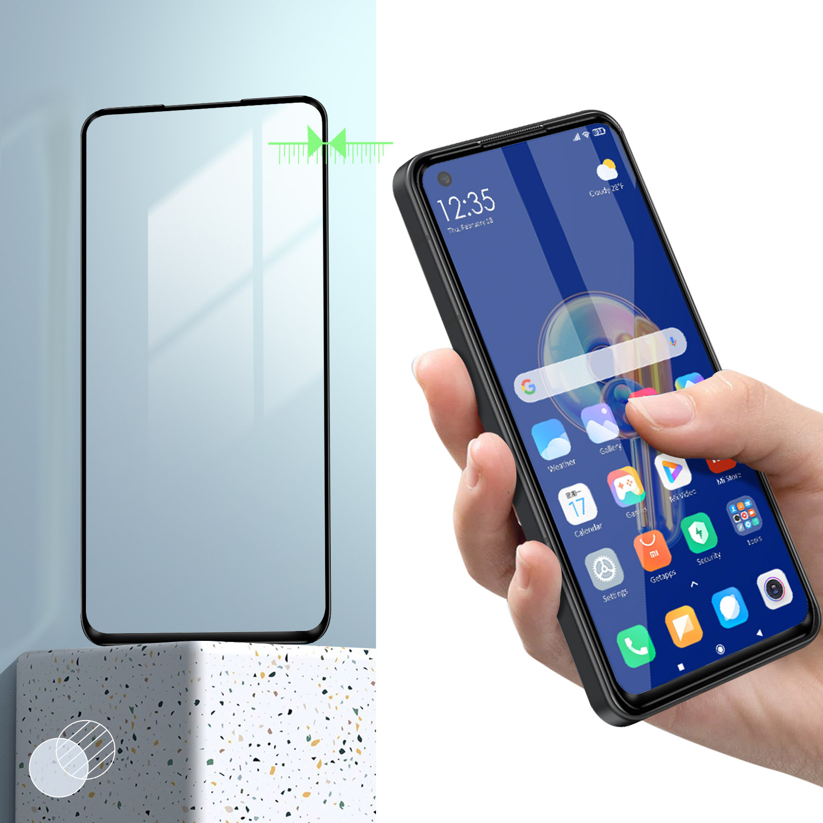 Un téléphone avec un protecteur d'écran installé, à côté de la boîte et d'une main tenant le téléphone.
