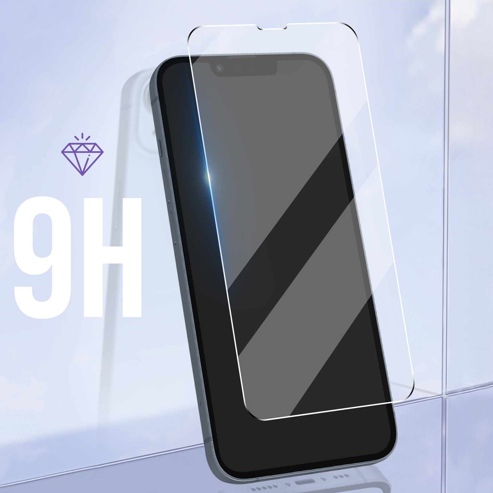 A phone with a screen protector applied, with a diamond 9H symbol in the background.