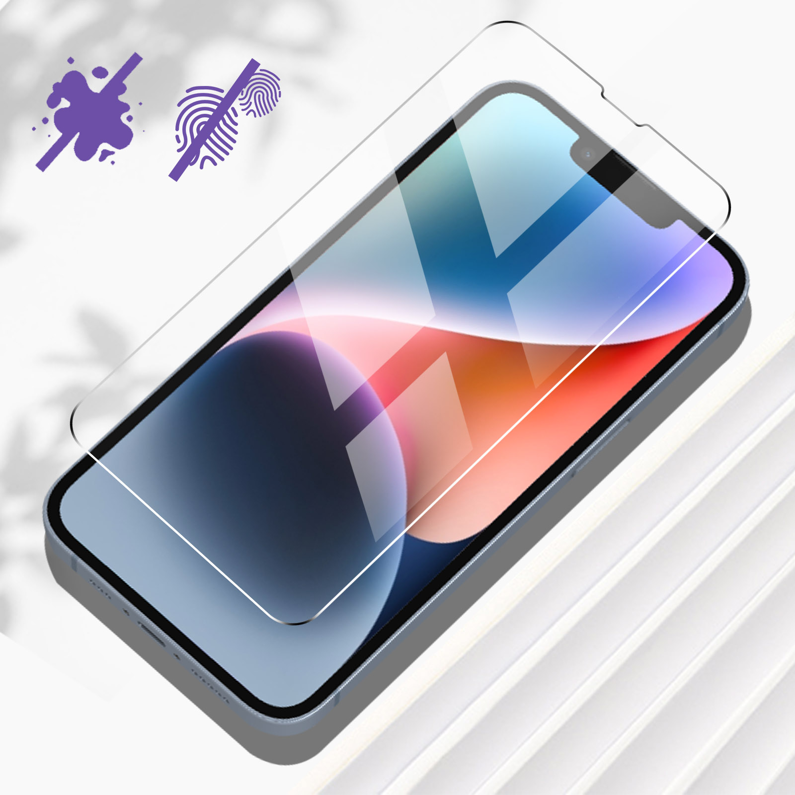 A phone with screen protector. Anti-fingerprint and stain icons are above the phone.