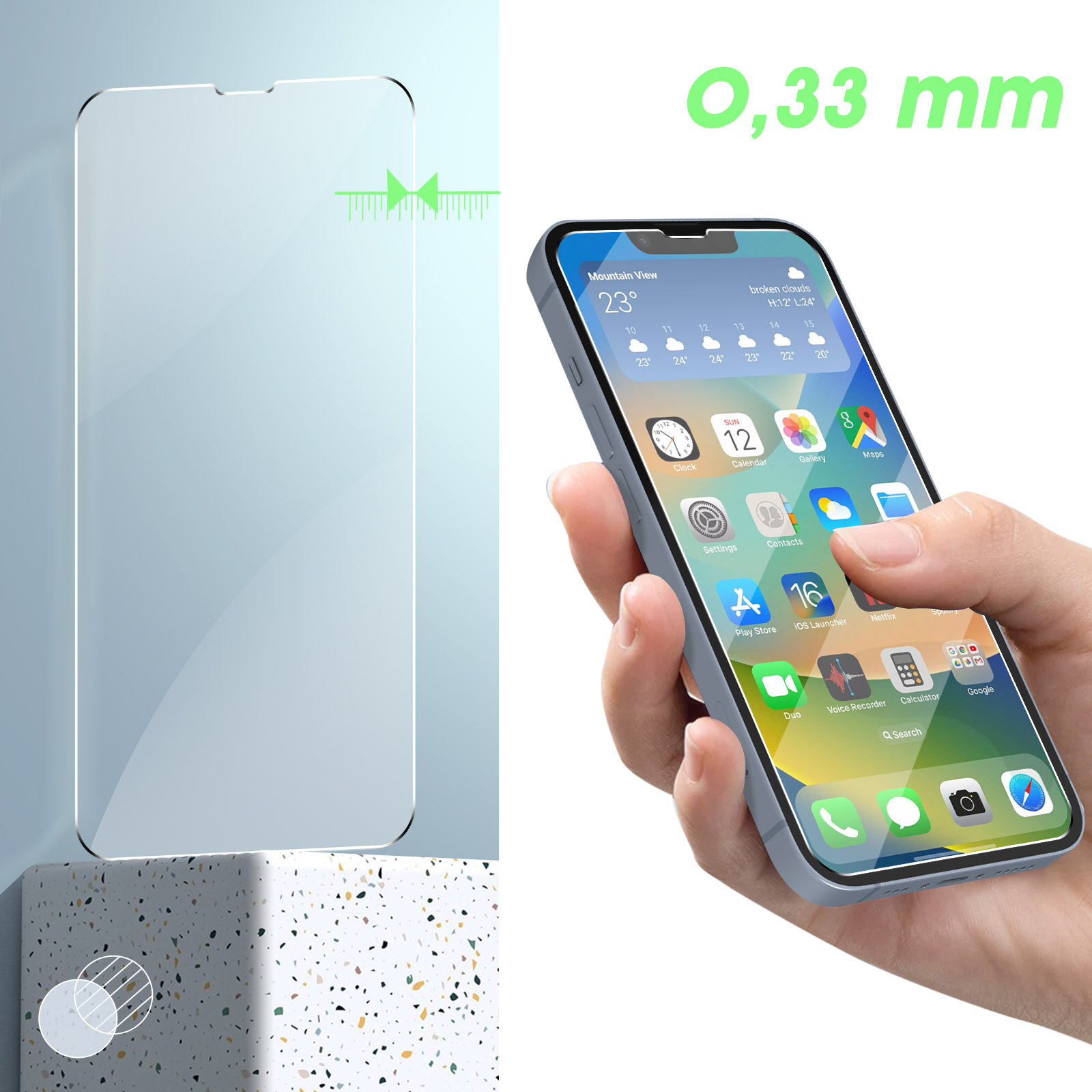 Phone with screen protector on a stand.  A hand holds the phone.  Measurements: 0.33 mm.
