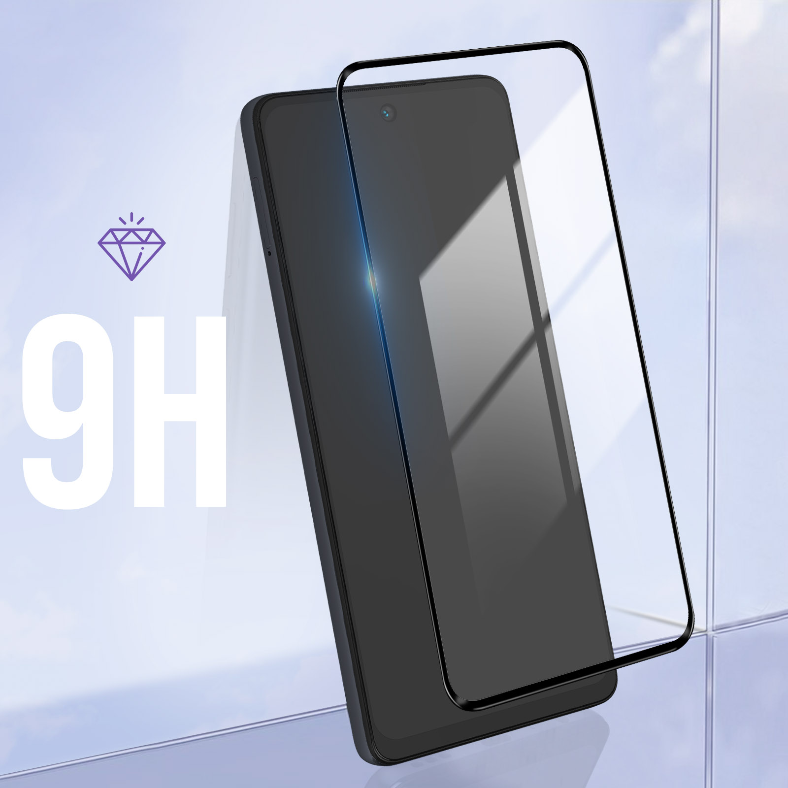 Telefono nero con protezione schermo. La protezione è trasparente con logo diamante 9H.
