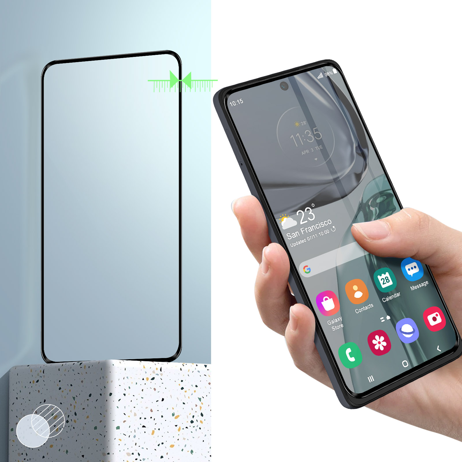 Telefono su un supporto con protezione schermo e una mano che tiene il telefono.