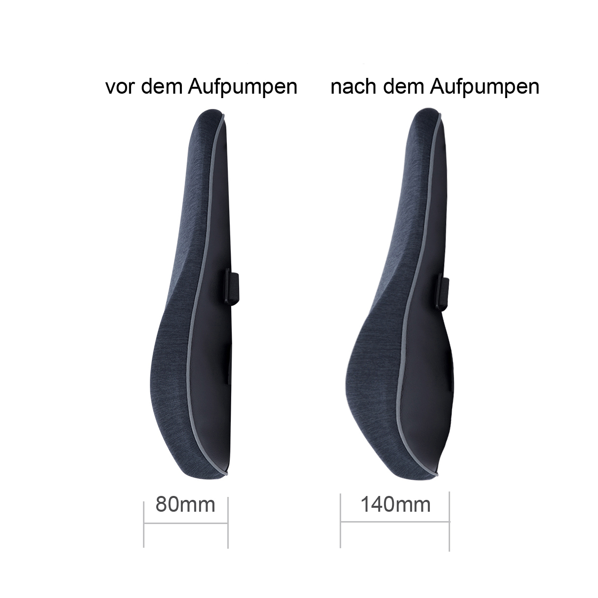 Zwei Rückenstützen, eine entleert und eine aufgeblasen, mit Maßen und Beschriftungen auf Deutsch.