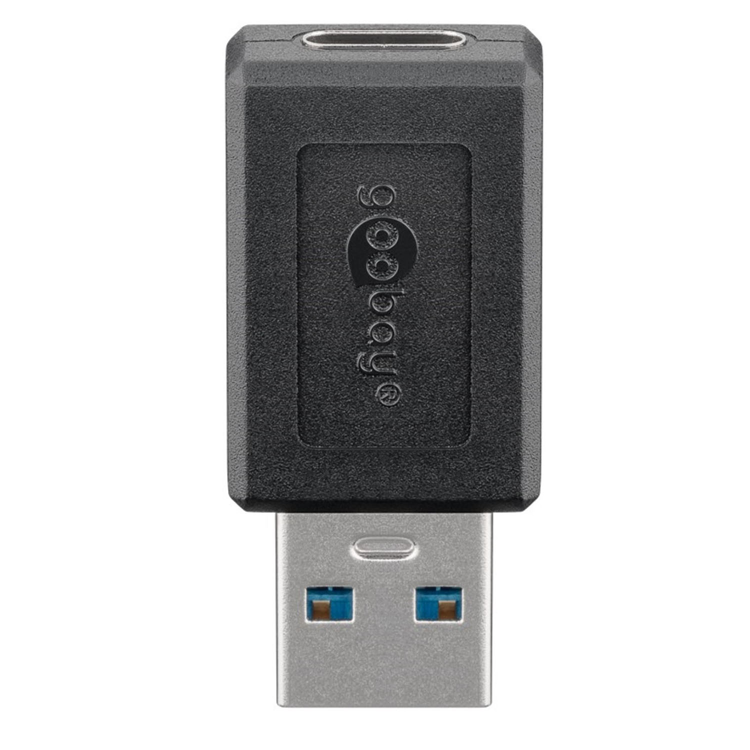 Schwarzer USB-A-auf-USB-C-Adapter mit dem Markennamen Gobagye an der Seite.