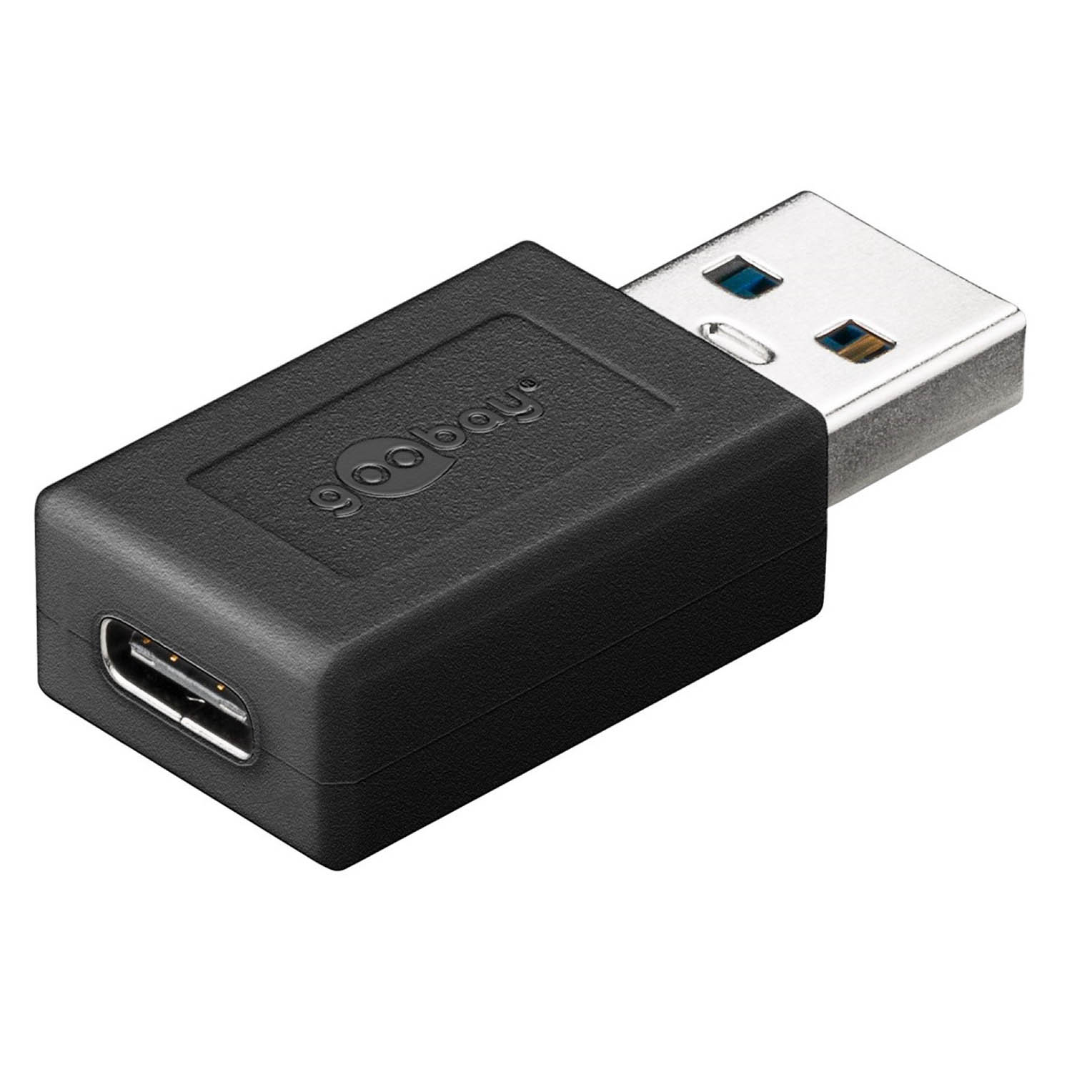 Ein schwarzer USB-C-zu-USB-A-Adapter, der sowohl die USB-C- als auch die USB-A-Enden zeigt.