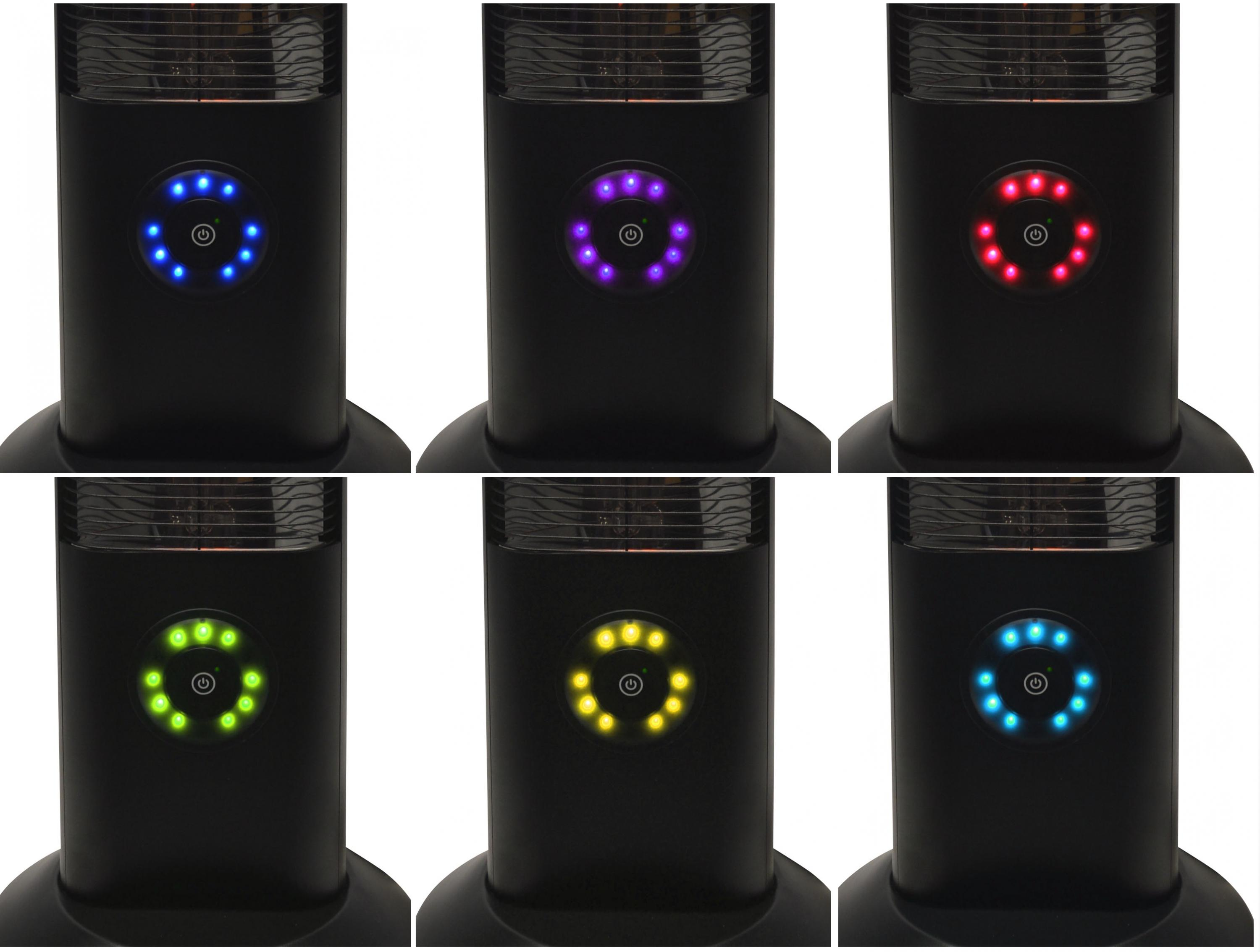 Primer plano de una base de ventilador negra con un anillo de luces de colores. Colores cíclicos.