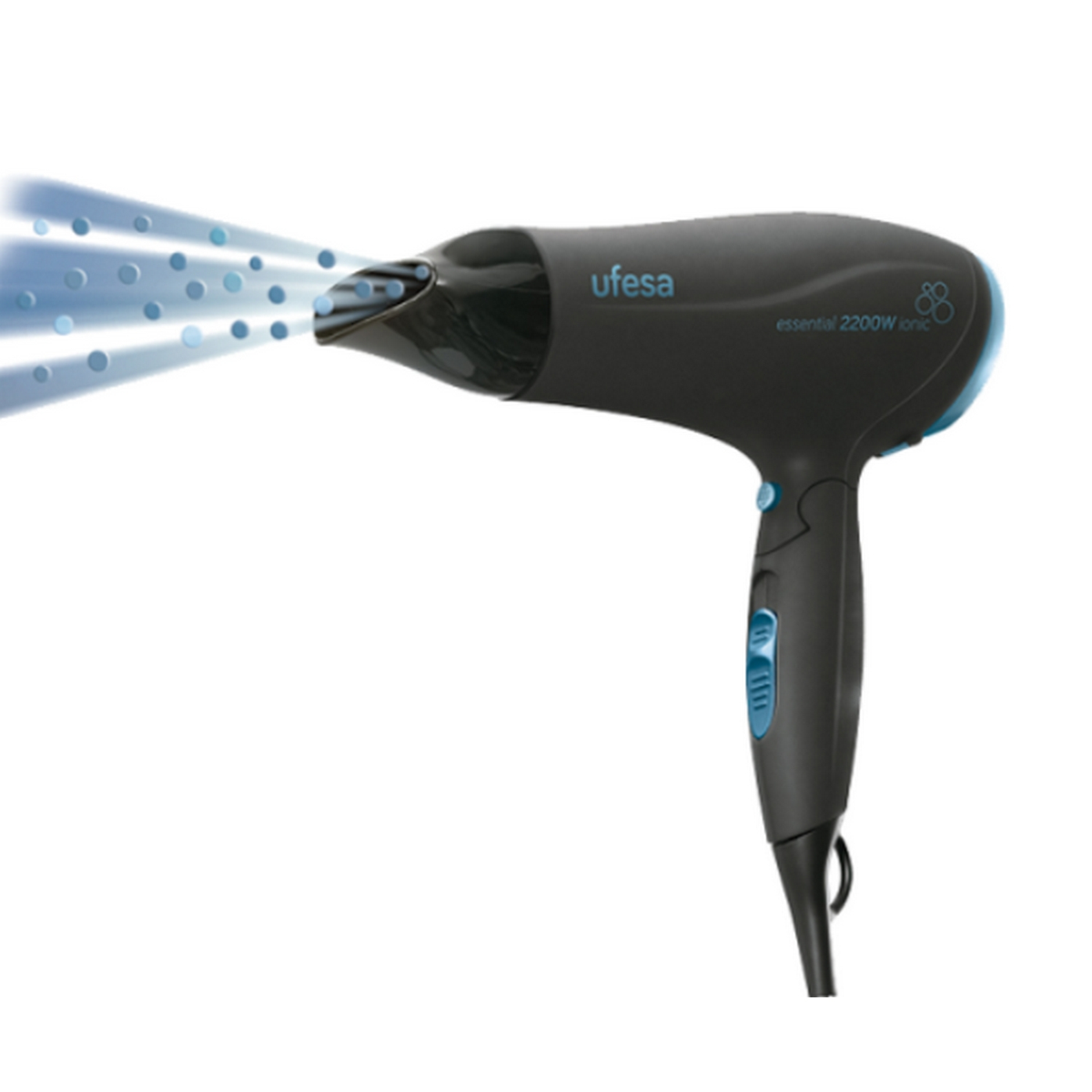 Czarna suszarka Ufesa wydmuchująca powietrze, z niebieskimi akcentami i nazwą marki.