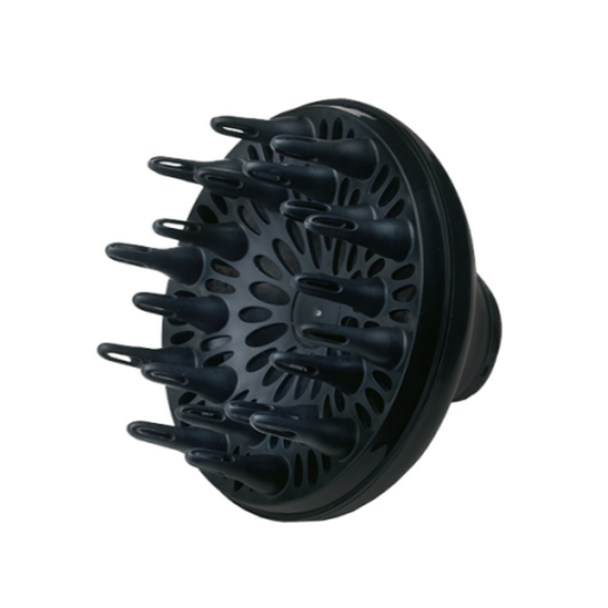 Czarny dyfuzor do suszarki do włosów, zaprojektowany do poprawy definicji loków.